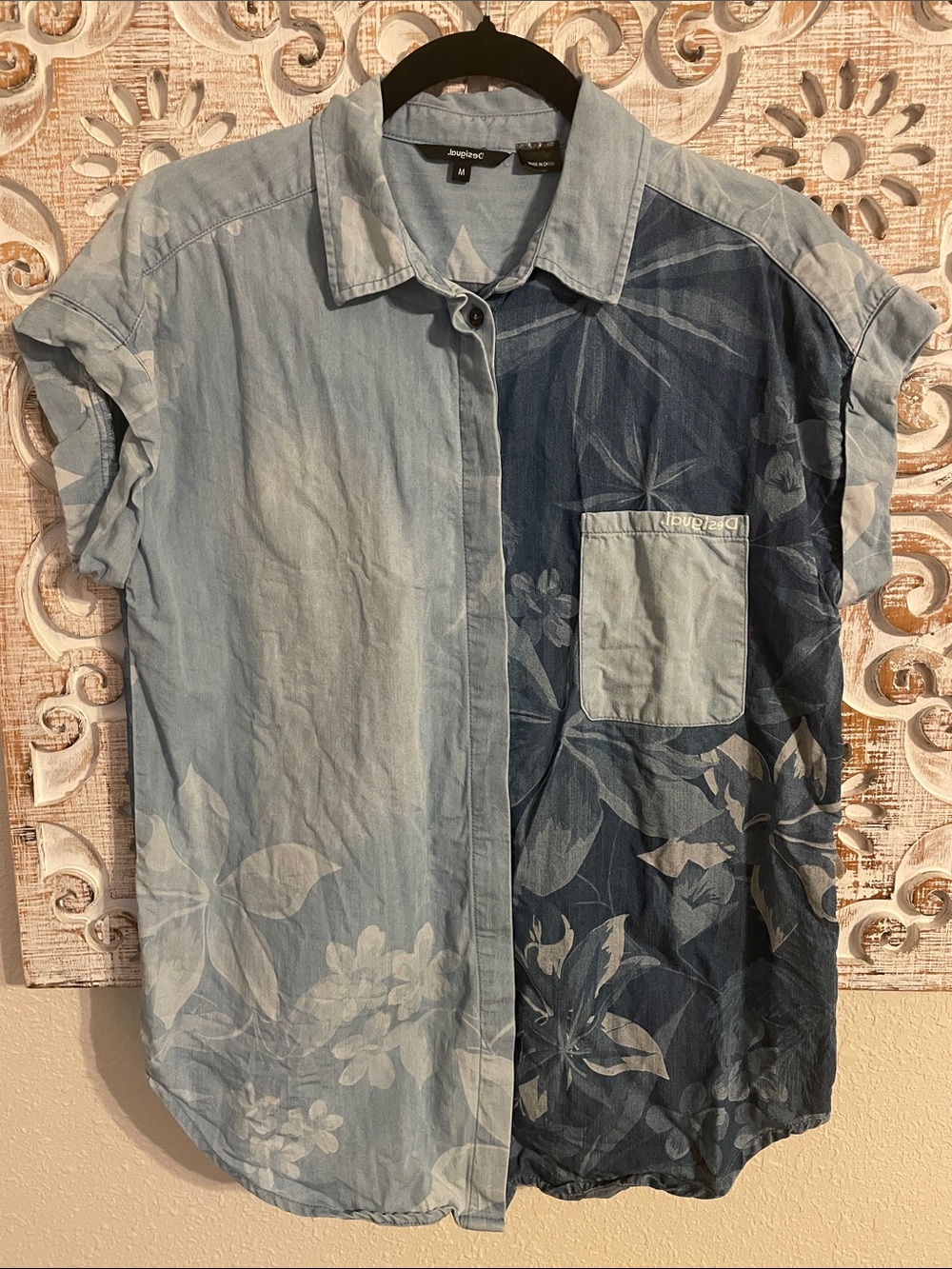 Desigual Two-Tone Blue Floral Short Sleeve Button-Up Shirt